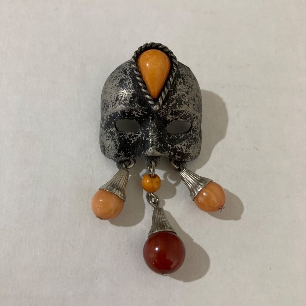 Vintage Tribal Mask Brooch With Orange And Amber Colored Beads